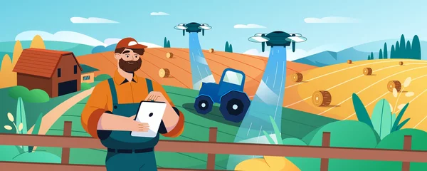  Cartoon farmer with digital tablet using robot drone to automate irrigation and spray liquid fertilizer of agricultural field. Agriculture innovation technology or smart farming system concept. © redgreystock
