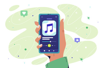 Human hand holding smartphone with app for listening to music or podcast. Mobile application with song playlist or online radio. Audio player interface on digital device screen flat vector ilustration - obrazy, fototapety, plakaty
