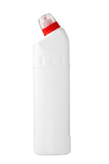 White plastic bottle or container for cleaning agent isolated on white background. Collage layout. Container for household chemicals with a place for a logo or label. Front view. Studio photography.