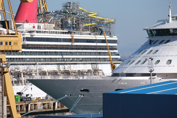 Modern cruise ship liner or cruiseship in dry dock maintenance refurb modernization overhaul repair...