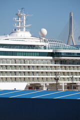 Modern cruise ship liner or cruiseship in dry dock maintenance refurb modernization overhaul repair...