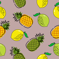 Fruit seamless pattern with lemon and pineapple, cute seamless pattern vector illustration.