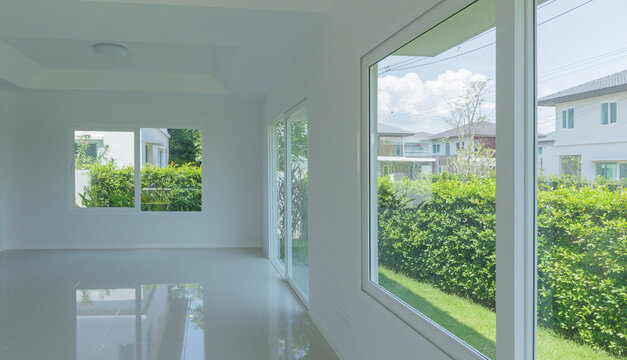 Empty room with glass window frame house interior on concrete wall