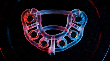 bright surgical template for the installation of six implants, top view with red-blue illumination