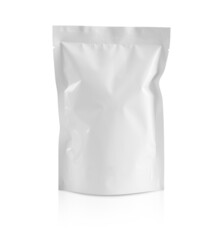 Blank white aluminium foil plastic pouch bag sachet packaging mockup isolated on white background