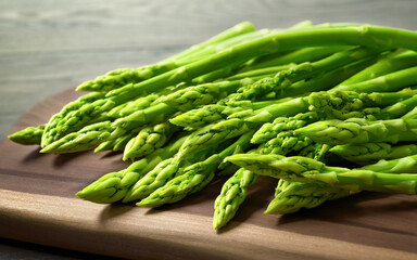 Bunch of fresh green asparagus on a cutting board. Studio closeup representing healthy eating and kitchen activities