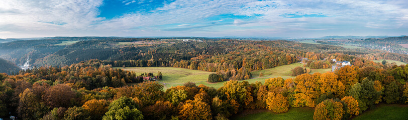 Fototapeta na wymiar Autumn panorama of the Saxon Alps with the bend of the Elbe river near the town of Pirna