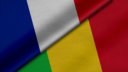 3D Rendering of two flags from French Republic and Republic of Mali together with fabric texture, bilateral relations, peace and conflict between countries, great for background