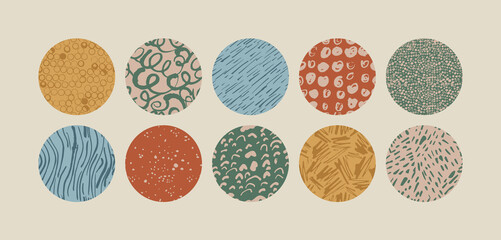 Vector illustration set of round abstract backgrounds or patterns for social media icons template. Contemporary minimal modern trendy doodle. Naive art.