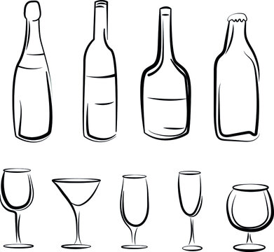 Sketch of glass bottles for wine, juice, beer, whiskey, glass goblets