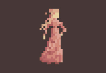 Illustration of a woman in red dress in pixel art style