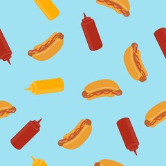 Fast food seamless pattern with hotdogs, ketchup and mustard