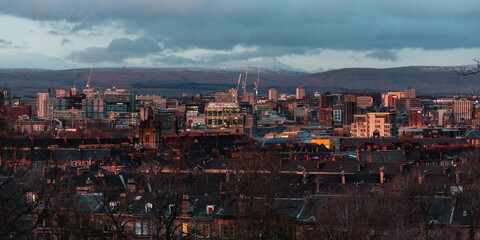 Cityscape of Glasgow, Scotland at dusk