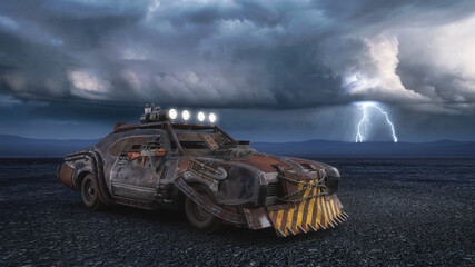 Fantasy zombie apocalypse concept armoured car in a barren desert landscape with storm clouds and lightning in the sky. 3D illustration. - obrazy, fototapety, plakaty