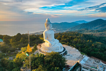 Aerial view of Big Buddha viewpoint at sunset in Phuket province, Thailand