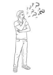 Attractive Man questioning Illustration with Question Marks Lineart - 481210450