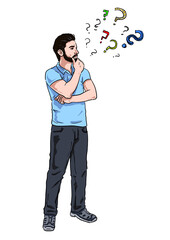 Attractive Man questioning Illustration with Question Marks Lineart - 481210453