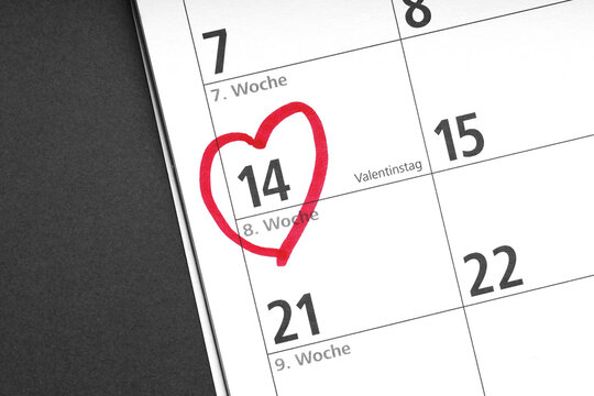 red heart marks february 14 as Valentinstag or Valentine's day on german calendar
