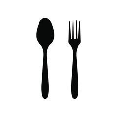 Black icon of spoon and fork isolated on white background. vector logo