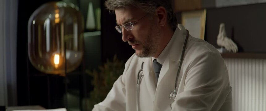 Portrait of Caucasian doctor working ah his desk late in the evening, closing laptop and leaving. Shot with 2x anamorphic lens