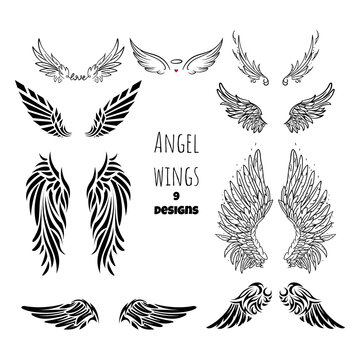 Angel wings tattoo collection. Isolated black stencils. Romantic doodle. Gothic designs