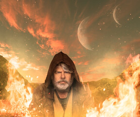 hooded priest in fire fantasy 