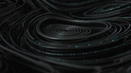 3d render Black topographic circular lines with running matrix code