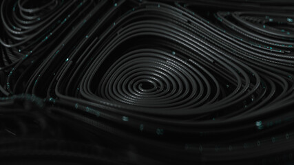 3d render Black topographic circular lines with running matrix code