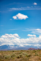 A blue cloudy sky over a diverse landscape with various biomes in Arches National Park in Utah.