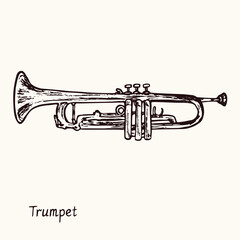 Trumpet. Ink black and white doodle drawing in woodcut style with inscription.