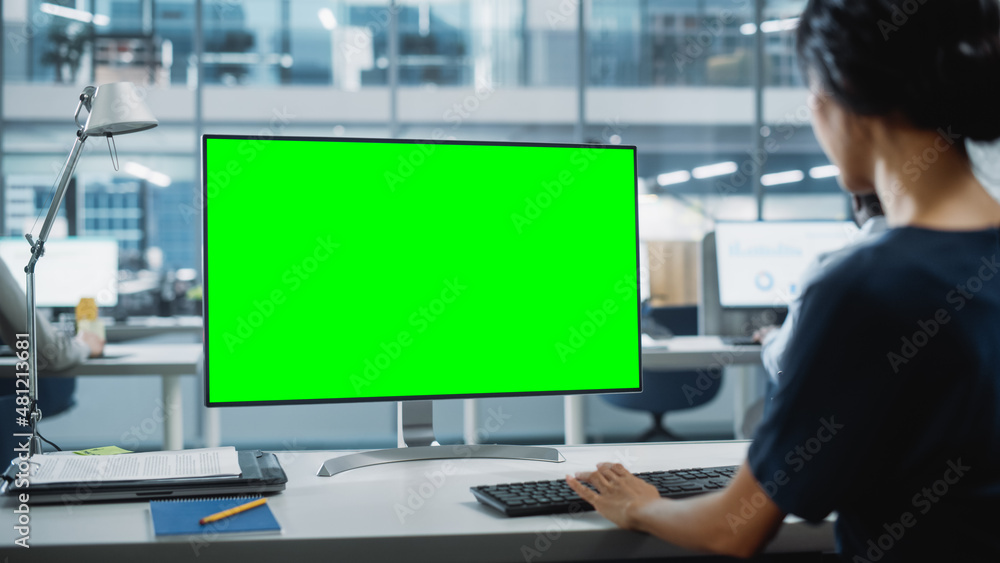 Poster Close Up Over the Shoulder Shot of a Businesswoman Working on Desktop Computer with Chroma Key Green Screen Mock Up Display. Digital Projects Manager Typing Data, Using Keyboard and Mouse.