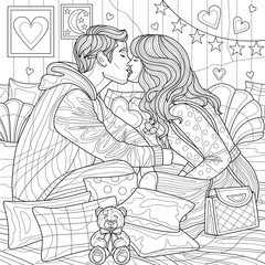 The couple kisses on the bed.Coloring book antistress for children and adults. Illustration isolated on white background.Zen-tangle style. Hand draw