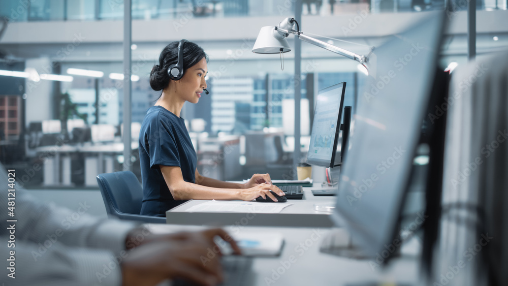 Poster Professional Investment Traders Talking into Headset, Working on Computer with Screen Showing Finance Statistics, Charts Strategy, Stock Market, Telemarketing. Big Office Call Center.