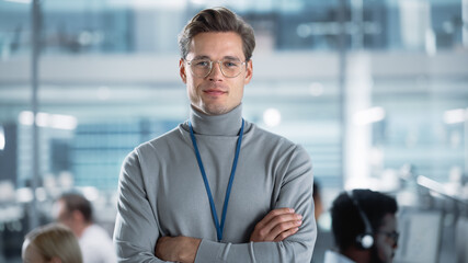 Successful Business Manager in Stylish Turtleneck Crossing Arms, Standing in Modern Diverse Office...