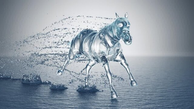Horse made out of water runs through the water with splashes 3d rendering 4k
