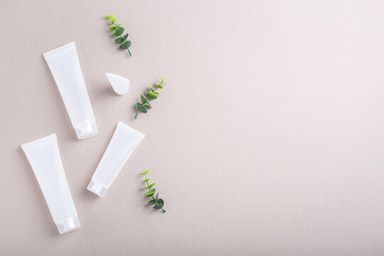 Set of skincare organic beauty product bottles and SPA cosmetic blank white matte containers with green plant leaves eucalyptus on gray clean background from above, flat lay mockup space for text