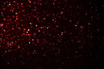 Red hearts, sparkling glitter bokeh background, valentines day abstract defocused texture - obrazy, fototapety, plakaty