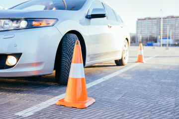 Driving Test. Parking. Cones for the examination, driving school concept.