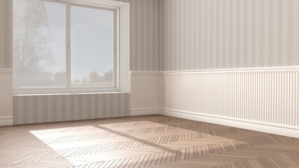 Empty room interior design, open space with big panoramic window, herringbone parquet wooden floor, striped wallpaper and woodwork, classic architecture idea concept