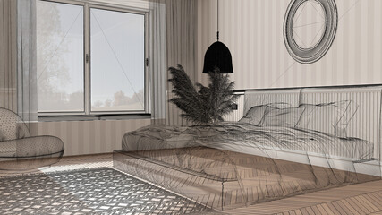 Empty interior with striped wallpaper and herringbone parquet floor, custom architecture design project, black ink sketch, blueprint showing classic bedroom, architecture idea