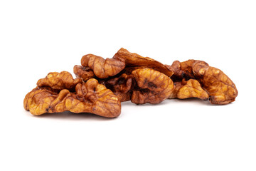 Walnut kernels isolated on white background. Space for text.