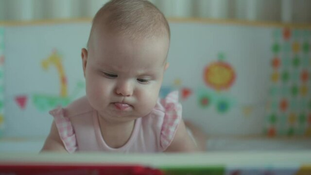 Baby and book. Baby five months old carefully looks at the picture book and then looks at the camera.