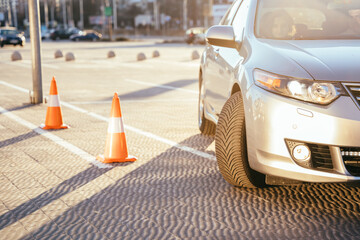 Cones for the examination, driving school concept.