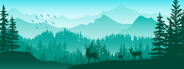 Horizontal banner. Silhouette of deer, doe, fawn standing on meadow. Mountains and forest in the background. Magical misty landscape, trees, animals, grass. Green illustration, bookmark.  © Anna