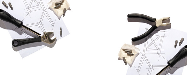 Furniture hand industrial tools and chair assembly drawing. Banner with copy space for text