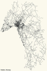 Detailed navigation black lines urban street roads map of the Norwegian regional capital city of HALDEN, NORWAY on vintage beige background