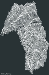 Topographic negative relief map of the city of HALDEN, NORWAY with white contour lines on dark gray background