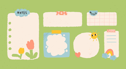 Various Paper notes on stickers. Information board with blank Paper sticky notes for reminders, to do list, planner, schedule. Hand drawn Vector illustration. Cartoon style. All elements are isolated