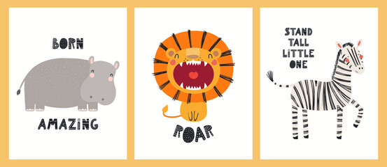 Fototapeta premium Cute funny tropical animals, hippo, lion, zebra, quotes. Posters, cards collection. Hand drawn wild animal vector illustration. Scandinavian style flat design. Concept for kids fashion, textile print.