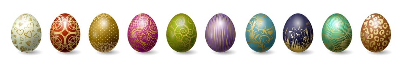 Set of colorful 3d realistic Easter eggs with golden pattern. Decorative design element.